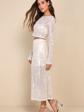 Lulu's Greatest Sparkle Beige Mesh Sequin Fringe Two-Piece Midi Dress
